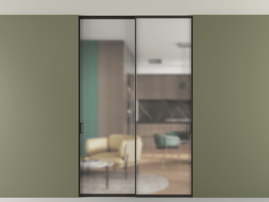 Алюминевая перегородка АЛПР 040.01_ААН_Matelux Crystalvision_new. Цвет Алюминий антрацит. Материал Алюминий в эмали. Коллекция Перегородка Формато внутри проёма скрытое крепление в потолок 2 створки. Картинка.